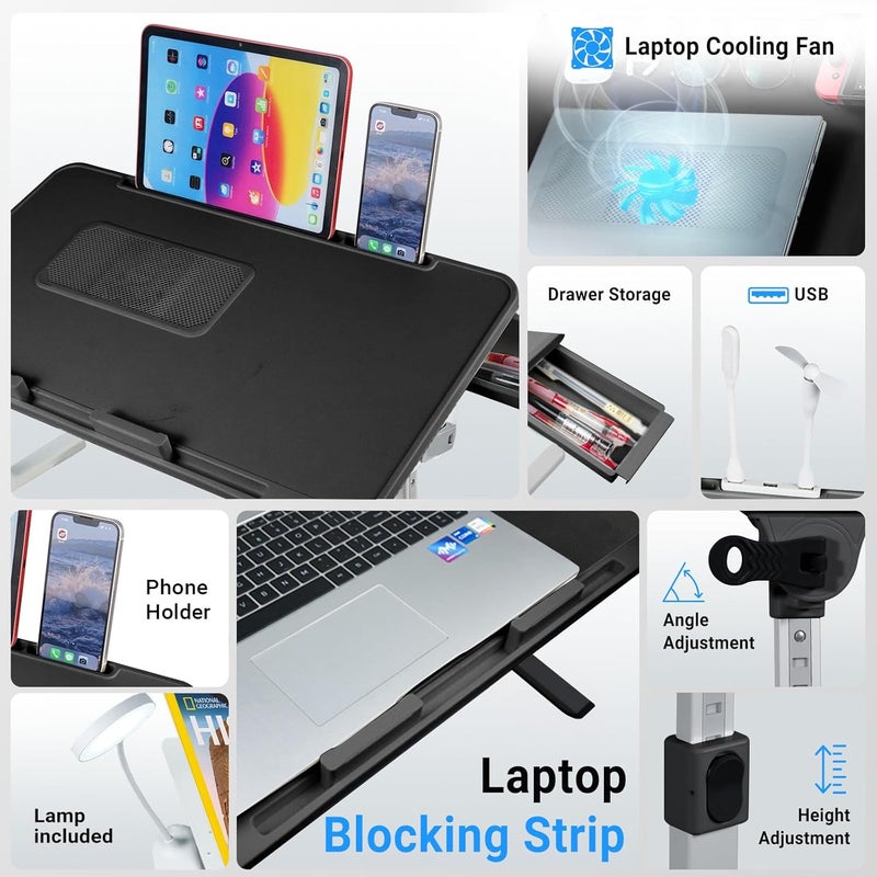 XTRA Laptop Lap Desk Include Cooling Fan,Adjustable Lap Desk with Light Fan,Folding Laptop Desk for Bed with USB,Bed Desk with Storage Drawer 56 * 32cm,Black - Image 3